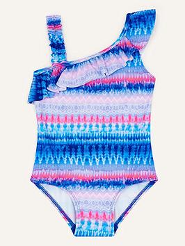 Monsoon Girls S.E.W. Ikat Stripe One Shoulder Frill Swimsuit - Blue