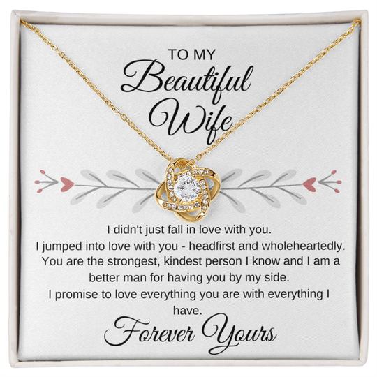 (Standard card box, 18K Yellow Gold Finish) 'To My Beautiful Wife' Love Knot pendant necklace