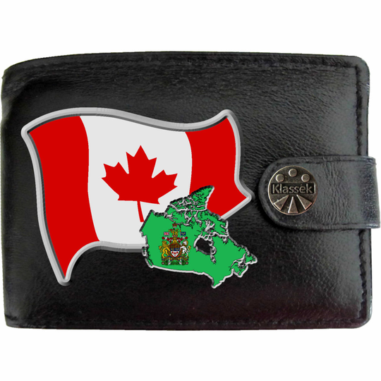 (Standard) Canada Flag CANADIAN Map COA Mens Wallet Chain Leather Coin Pocket Klassek RFID Blocking Credit Card Slots and Metal Gift Box