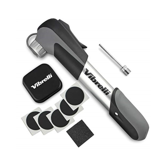 Vibrelli Mini Bike Pump & Glueless Puncture Repair Kit - Fits Presta & Schrader - 120 PSI - No Valve Changing Needed.