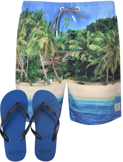 Swim Shorts Juan Palm Tree/ Sea Scene Swim Shorts With Free Flip Flops - Tokyo Laundry / S - Tokyo Laundry