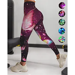 Women's Yoga Leggings Tummy Control Butt Lift Quick Dry High Waist Yoga Fitness Gym Workout Cropped Leggings Bottoms Butterfly Light Purple Green Gray Sports Activewear Stretchy Skinny / Athletic Lightinthebox