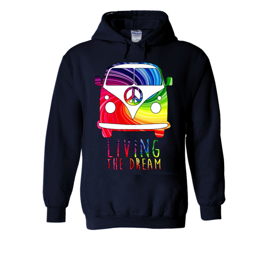 (Large, Navy) Camper Van Living The Dream Surf Novelty White Men Women Unisex Hooded Sweatshirt Hoodie