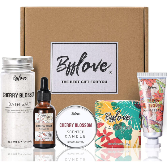 BFFLOVE Bath and Body Set, SPA Gift Box for Women, Bath Gift Sets with Cherry Blossom, 5pc Womens Gift Sets Include Bath Salt, Hand Cream, Bar,