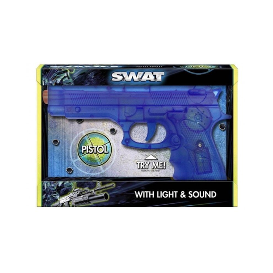 "Swat" Blue Dress Up Pistol Kids Toy With Light & Sound "Try Me" Open Touch Box