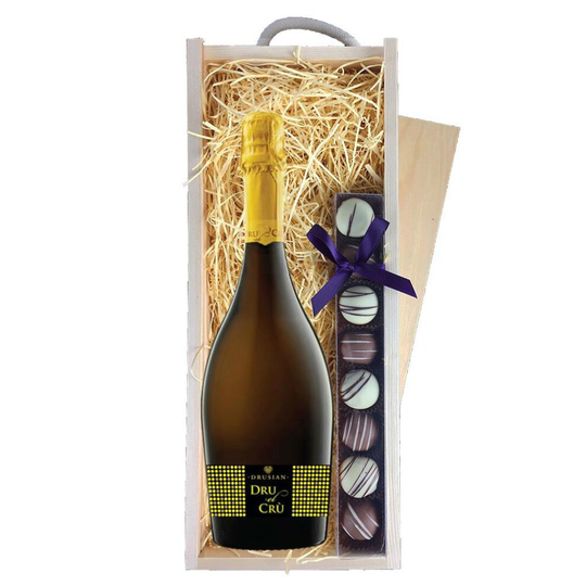 Drusian Spumante Dru el Cru Prosecco 75cl & Champagne Truffles, Wooden Box