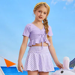 Kids Girls' Two Piece Swimwear Outdoor Plaid Active Bathing Suits 4-13 Years Spring Purple Lightinthebox