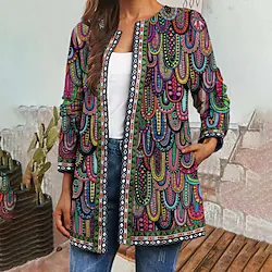 Women's Casual Jacket Daily Wear Vacation Fall Winter Regular Coat Regular Fit Warm Breathable Ethnic Style Baroque Comfortable Jacket Long Sleeve non-printing Floral Botanical Quick Dry Green White Lightinthebox