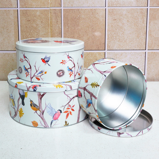 (Spring Birds) Cake Storage Tins Set 3 Round Nesting Kitchen