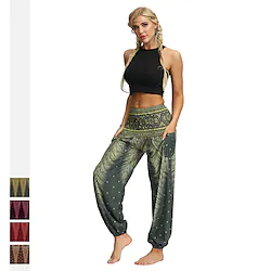 Women's Yoga Harem Pants Smocked Waist Quick Dry Lightweight High Waist Fitness Gym Workout Dance Bloomers Bohemian Hippie Boho Light Brown Dark Purple Dark Red Sports Activewear Stretchy Loose Lightinthebox