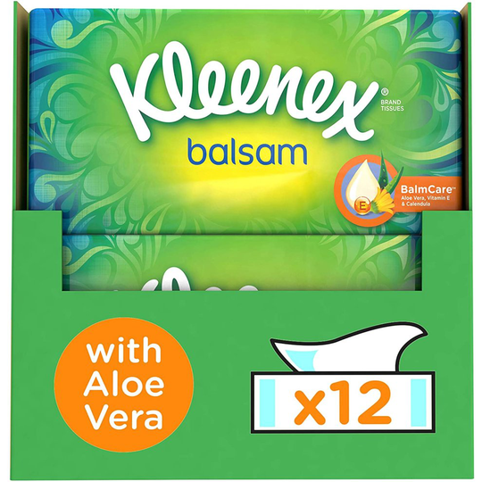 Kleenex Balsam Facial Tissues, Dermatologically tested (Pack of 12 Tissue Boxes)
