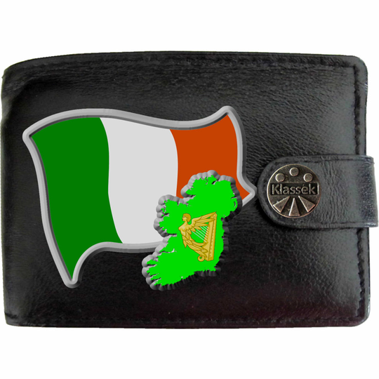 (Standard) Ireland Flag Irish Map COA Mens Wallet Chain Leather Coin Pocket Klassek RFID Blocking Credit Card Slots and Metal Gift Box