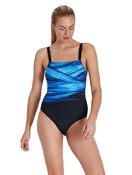 Speedo AmberGlow Printed Shaping Swimsuit - Black, Black, Size 32, Women
