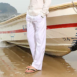 Men's Linen Pants Trousers Drawstring Wide Leg Solid Color Comfy Breathable Athletic Casual Athleisure Cotton Loose Fit White Black High Waist Micro-elastic / Quick Dry / Spring / Summer / Fall Lightinthebox