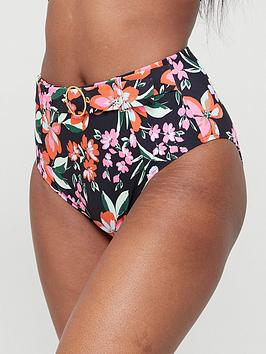V by Very Shape Enhancing Belted High Waisted Bikini Briefs - Floral Print, Floral, Size 14, Women