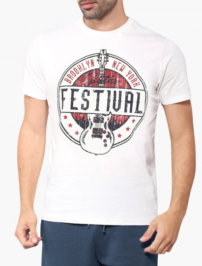 T-Shirts Guitar Festival Motif Cotton T-Shirt In Ivory - South Shore / S - Tokyo Laundry