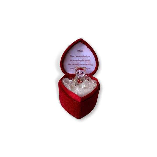 Glass bear in love heart shaped box for a much loved mum thank you Mum