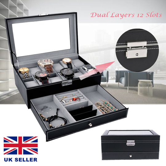 12 Slots Watch Box Leather Display Jewelry Storage Case Organizer