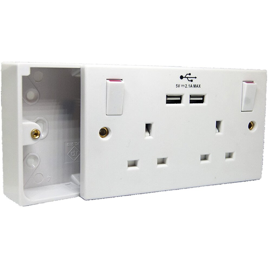 Tools House Double Wall Socket with 2 USB Charger & Back Box PATTRESS 2 Gang Plug Electrical 25mm