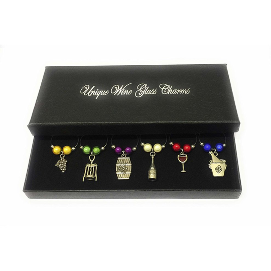 Set of 6 Handmade Wine Lovers Wine Glass Charms with Gift Box