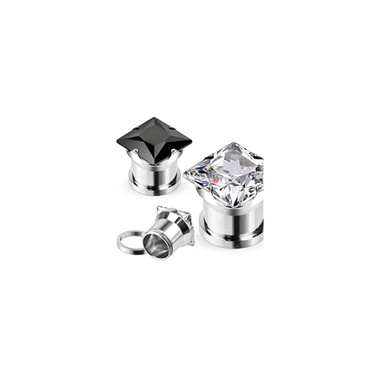 (10MM, Clear) Square Dia Cut Quad Prong Set Crystal Hollow Screw Fit Surgical Steel Ear Tunnel Saddle Plug Piercing Finest Quality Materials