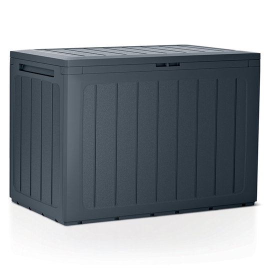 (Vertical Stripes, x1) Anthracite 190L Wood Design Outdoor Storage Box Garden Patio Plastic Chest Lid
