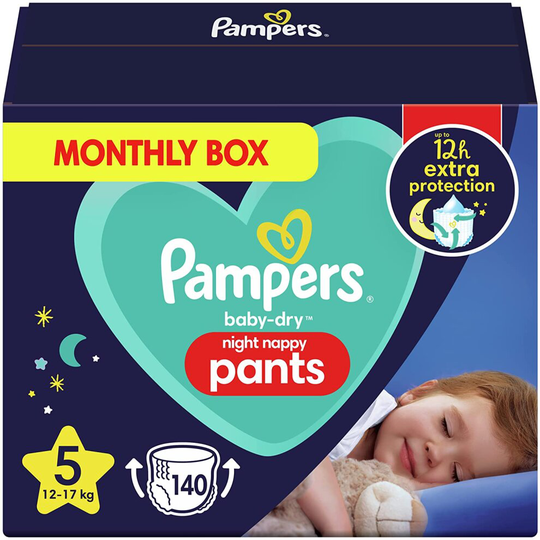 Pampers Nappy Pants Size 5 (12-17 kg / 26-37 lbs), Baby-Dry Night, 140 Nappies, MONTHLY BOX, Extra Protection All Night Long, Pull Ups -UK Stock