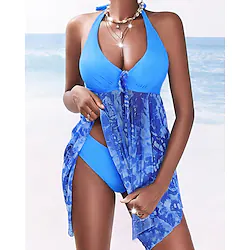 Women's Swimwear Tankini 2 Piece Plus Size Swimsuit Push Up Open Back for Big Busts Print Floral Print Blue Halter V Wire Bathing Suits New Casual Vacation / Modern / Padded Bras Lightinthebox