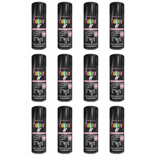 (400ml, 12) Paint Spray Can Bottle BLACK SATIN Quick Dry