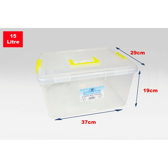 (Set of 10, 15 Litre Clippy) Clear Plastic Storage Boxes With Black Lids Home