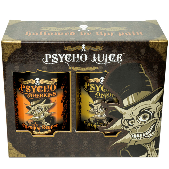 (Gherkins & Onions) Psycho Juice Pickle Gift Box Carolina Reaper Hot Chilli Pepper