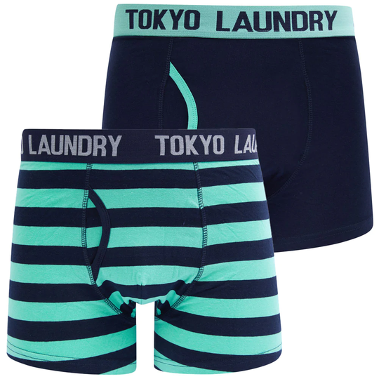Mens Underwear Saber (2 Pack) Striped Boxer Shorts Set in Dusty Jade Green / Sky Captain Navy - Tokyo Laundry / S - Tokyo Laundry