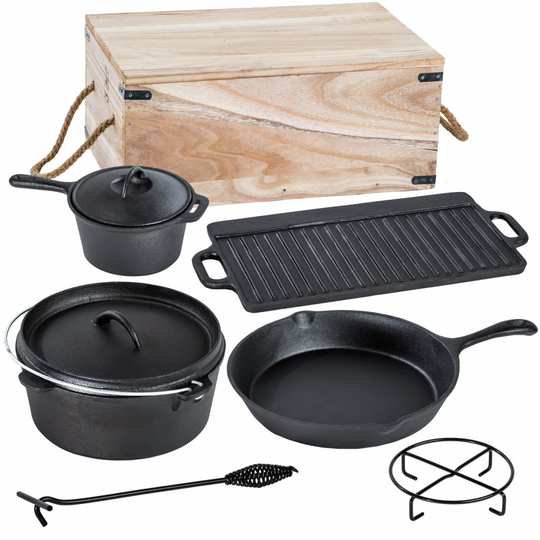 tectake Dutch oven cookware set made of cast iron in wooden box - cast iron dutch oven, saucepan set, pots and pans - black
