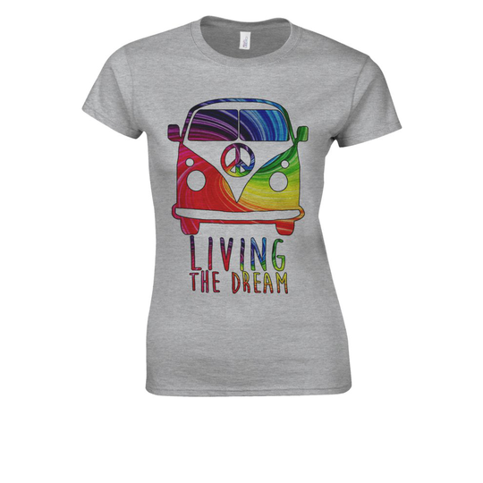 (Small, Grey) Camper Van Living The Dream Surf Novelty White Women T Shirt Top