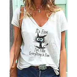 Women's T shirt Tee White Letter Print Short Sleeve Casual Daily Basic V Neck Regular I'm Fine It's Fine Everything Is Fine S Lightinthebox