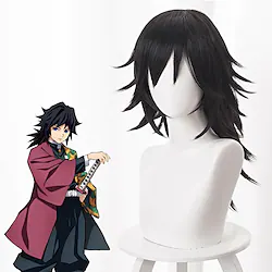 Demon Slayer: Kimetsu no Yaiba Tomioka Giyuu Cosplay Wigs Men's Layered Haircut 16 inch Heat Resistant Fiber Curly Black Teen Adults' Anime Wig Lightinthebox