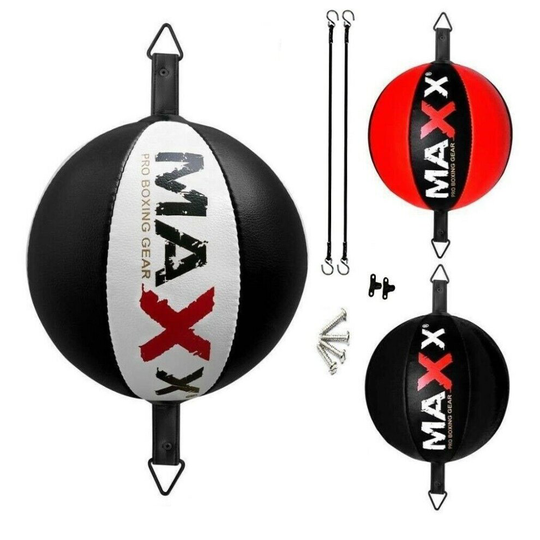 (BLACK / WHITE) Maxx Leather double end bag Floor to Ceiling ball Punch bag speed ball+hooks Mma