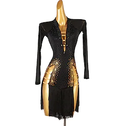 Latin Dance Dress Tassel Crystals / Rhinestones Women's Performance Long Sleeve Chinlon Mesh Lightinthebox