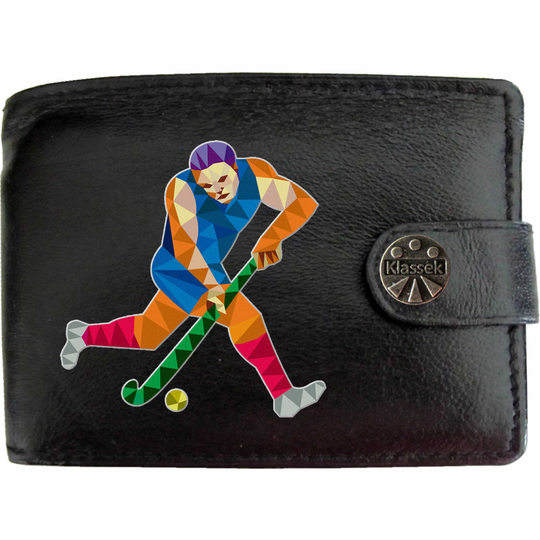 (Standard) Hockey Player Stick Ball Sport Mens Wallet Chain Leather Coin Pocket Klassek RFID Blocking Credit Card Slots and Metal Gift Box