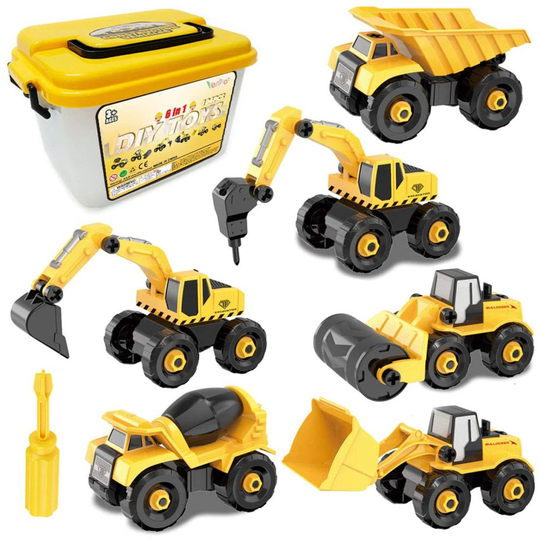 Take-Apart Construction Vehicles Excavators Truck Toy with Storage Box, 6 in 1 DIY Building Educational Gift Toys for Boys Girls Age 3 4 5