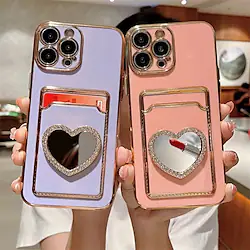 Electroplating Phone Case For iPhone 14 Pro Max Plus 13 12 11 Mini X XR XS 8 7 Plug-in Card Holder With Love Makeup Mirror Phone Back Cover Lightinthebox