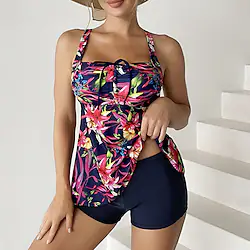 Women's Swimwear Tankini 2 Piece Plus Size Swimsuit Open Back Printing High Waisted Floral Blue Purple Yellow Red Camisole Strap Bathing Suits New Vacation Fashion Lightinthebox