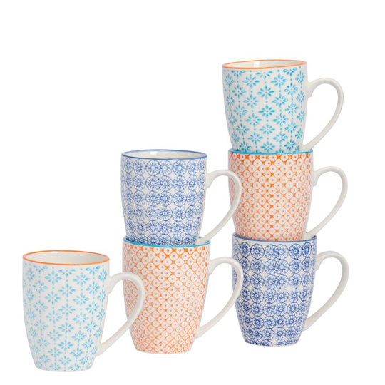 Tea Coffee Mugs Patterned Porcelain Restaurant Mug Cups, 360ml - 3 Designs - x6