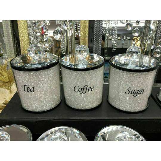 Crushed Diamond White Crystal Filled Tea Coffee Sugar Canisters Jars Storage UK In Goft Box