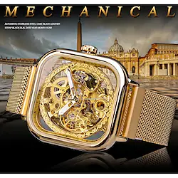 Forsining Golden Men Automatic Watch Square Skeleton Mesh Steel Band Mechanical Business Clock Relogio Masculino Lightinthebox