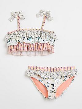 River Island Girls Floral Frill Bikini-White, Blue, Size 11-12 Years, Women