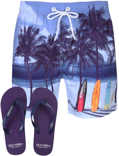 Swim Shorts Anstey Beach/Surf Board Scene Swim Shorts With Free Flip Flops - Tokyo Laundry / S - Tokyo Laundry