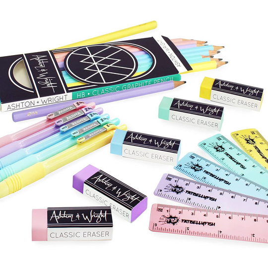 Ashton and Wright - Classic HB Pencils, 15cm Rulers, Erasers, Z-Grip Smooth - Pastel Set of 25