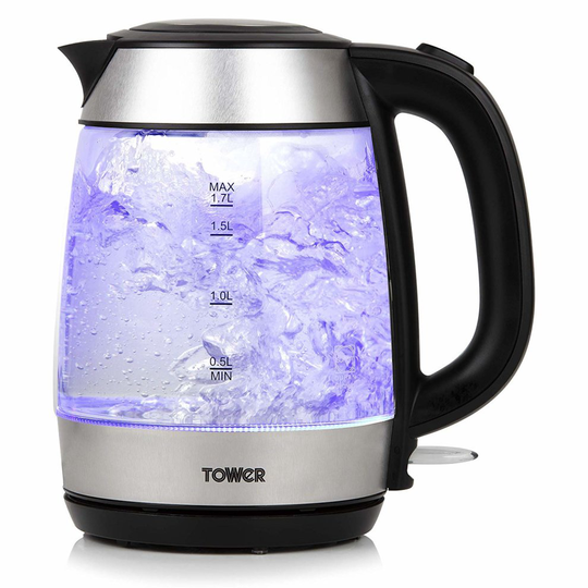 Tower T10040 Fast Rapid Boil Glass Kettle, Cordless with Easy Grip Touch Handle, Durable Schott Glass Body Blue LED Illuminations, 3000 W, 1.7 Litre