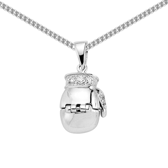 Jewelco London Mens Sterling Silver Cubic Zirconia Open Boxing Glove Pendant Necklace 18 inch - GVP132